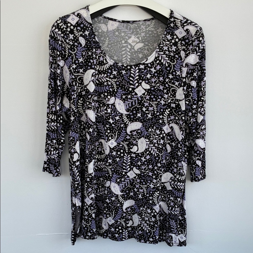 Preswick & Moore Black Purple White Paisley Floral 3/4 Long Sleeve Top Large